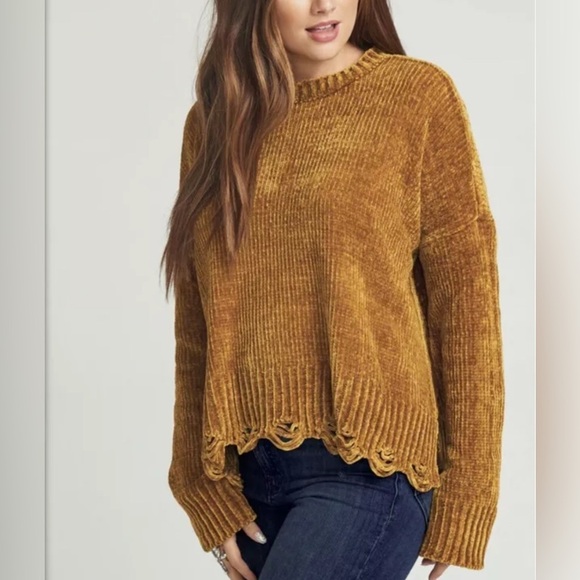 Show Me Your MuMu Fringed Fawn Ochre Chenille Knit Sweater Women’s Medium Soft - Picture 1 of 10